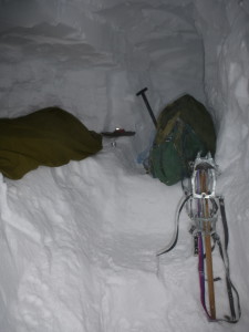 Harry's bed for the night... our snowhole even had stairs! 