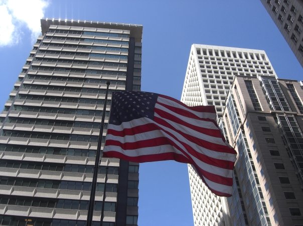 USA Flag with buildings