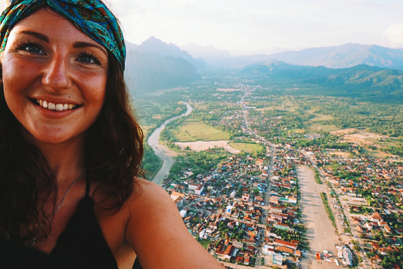 High in the sky in a hot air balloon; Vang Vieng, Laos
